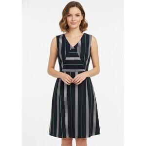 Beautifully Couture Blue Green Striped Sleeveless Lined V-Neck Dress, Small